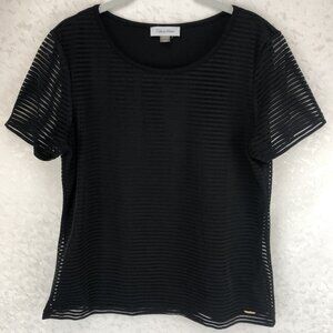 Calvin Klein Black Sheer Stripe Stretch Blouse Elegant with Short Sleeves Size L